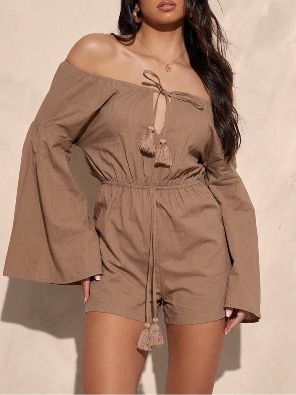 PrettyLittleThing Taupe Off Shoulder Bell Sleeve Tassel Romper Size 8 NWT